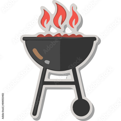 Outdoor Charcoal Grill With Bright Flames Cooking Food On A Transparent Background With Simple Flat Design Elements And White Outline