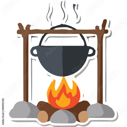 Outdoor Cooking Pot Suspended Over Open Campfire With Flames Smoke And Logs On Stones In Flat Design Style
