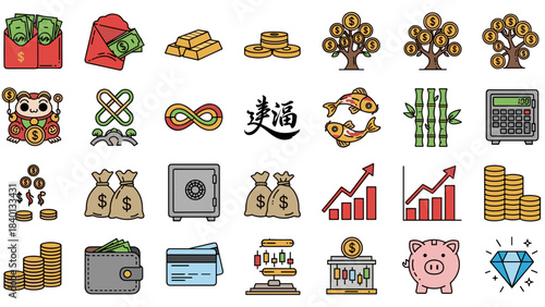 Chinese new year wealth and prosperity icons set for finance and luck