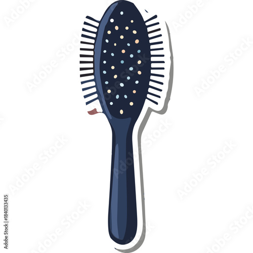 Oval Shaped Dark Blue Hair Brush with Light Blue and Orange Dots and White Bristles Isolated on Black Background Detailed Illustration