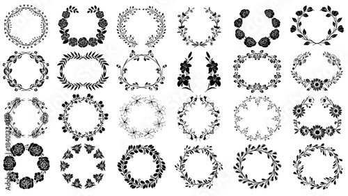 Collection of 24 black and white floral wreaths and frames for decoration
