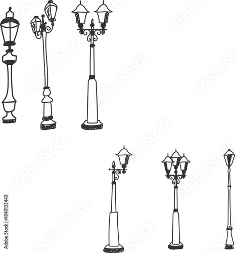 Vintage street lamp light posts set, old street lamp posts, sidewalk lantern, vector	