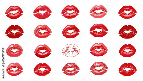 Set of red lipstick kiss marks and one sketch outline