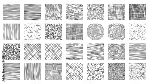 Set of 30 hand drawn hatching and stippling texture patterns
