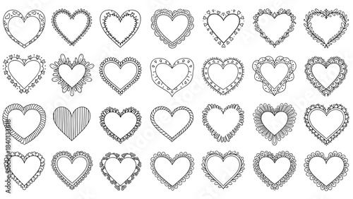 Set of 28 hand drawn heart frames and outlines in sketch style
