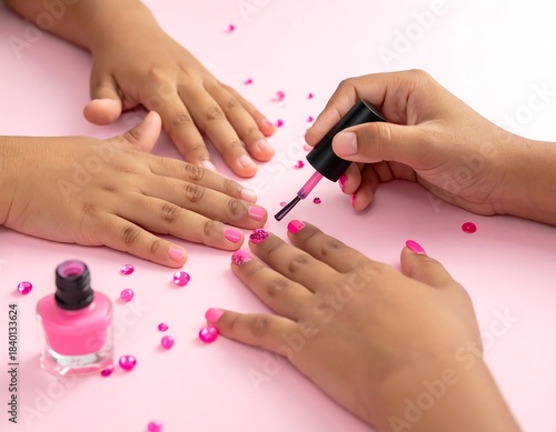 Hands applying vibrant pink nail polish with scattered sparkles against a soft, light pink background