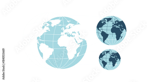 Three stylized globes representing earth in different sizes and shades of blue