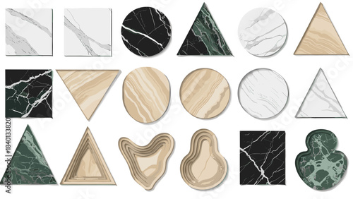 Set of 16 marble, wood, and ceramic tiles with various geometric shapes