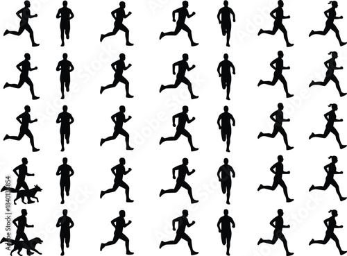 Vector silhouettes of various people jogging and running with their dogs, showcasing fitness, exercise, and active healthy lifestyle concepts for pets and owners.