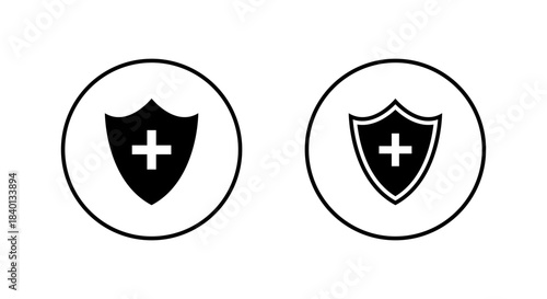 Shield with medical cross sign icon. Healthcare protection symbol in circular outline