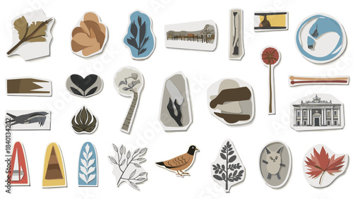 Collection of nature and landmark stickers with earthy tones