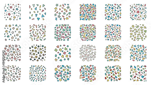 Collection of 24 abstract hand drawn shapes and confetti patterns