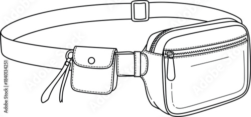 Technical outline drawing of a modern belt bag, adjustable strap fanny pack vector sketch, casual waist bag accessory illustration, fashion line art mockup