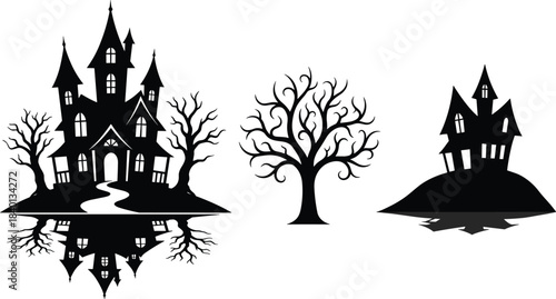 Haunted house silhouette, spooky tree reflection, eerie Halloween scene, dark forest illustration, creepy night landscape, horror theme, ghostly atmosphere, mysterious shadows
