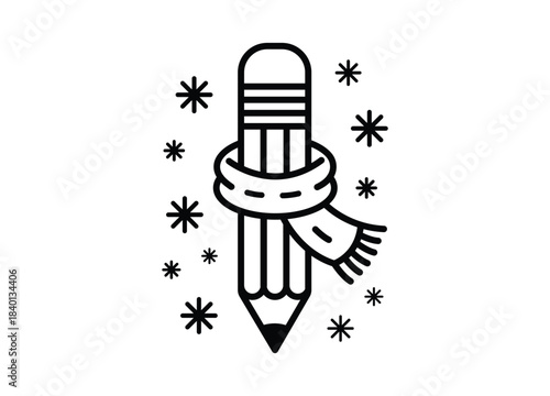 Charming black outline pencil icon wearing a cozy winter scarf surrounded by simple falling snowflakes