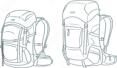 Technical outline drawing of large hiking backpack, trekking rucksack gear vector sketch, camping adventure bag accessory illustration, luggage line art mockup