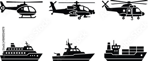 helicopter silhouette, ship silhouette, military helicopter, cargo ship, cruise ship, transport helicopter, patrol vessel, black icons, vector illustration, maritime transport, aerial vehicles