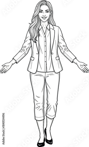 Line art illustration of a smiling professional woman in a blazer with welcoming open arms.