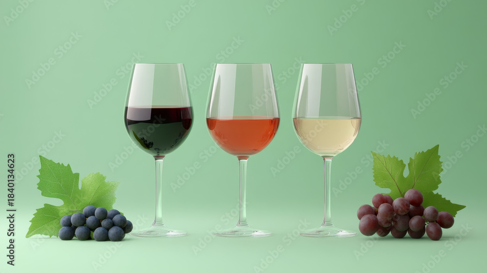 Fototapeta premium Red, White, and Rose Wine in Glasses with Grapes on Green