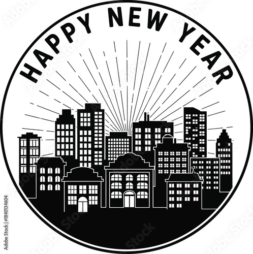 Monochrome Happy New Year circular emblem featuring a stylized city skyline with a sunburst effect.