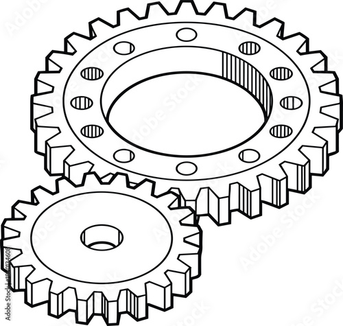 Isometric line art drawing of two meshed spur gears, engineering mechanism machinery vector illustration, mechanical transmission technology icon