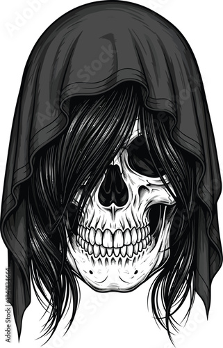 Monochrome illustration of a hooded human skull with long shaggy black hair covering one eye socket.
