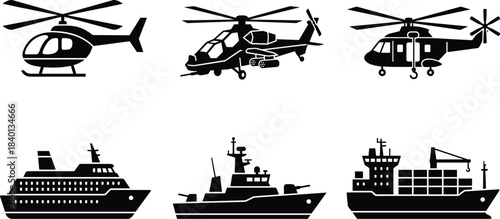 Helicopter silhouette, ship silhouette, military transport, cruise vessel, cargo container, aerial maritime vehicles, black icons, vector illustration, isolated graphic, transportation set