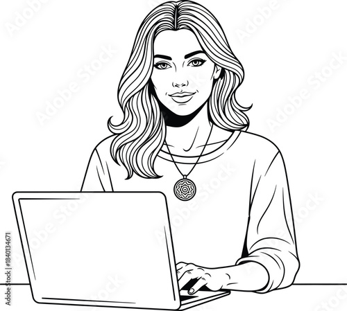 Pop art style line drawing of a smiling woman with long wavy hair and a pendant working on a laptop.