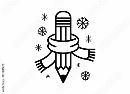 Creative winter season drawing pencil wrapped in a cozy scarf surrounded by festive falling snowflakes