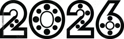 Stylized black number 2026 with decorative circular and dotted patterns.