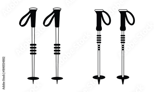 Minimalist black and white ski trekking poles icon set representing essential outdoor winter sports equipment and adventure