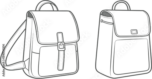 Technical outline drawing of classic flap-top backpack, buckle and drawstring urban rucksack vector sketch, student school bag accessory illustration, luggage line art