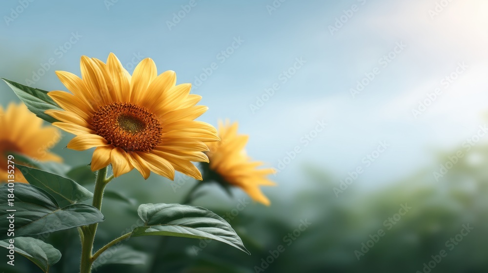 Fototapeta premium Vibrant Sunflower in a Serene Field Under a Clear Sky Capturing the Essence of Nature's Beauty and Radiance During a Bright Sunny Day