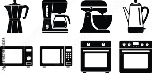 Kitchen appliances icons, espresso maker, coffee machine, stand mixer, percolator, microwave oven, conventional oven, cooking tools, black white illustration