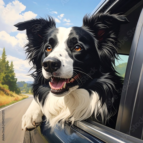 Happy black and white dog with its head out a car window enjoying a ride on a sunny day