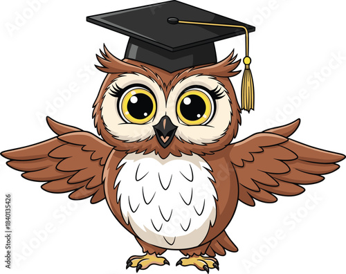 Cartoon graduation owl with open wings on white background bird