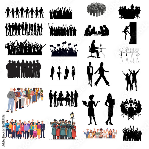 Diverse set of man and people silhouettes shows lifestyle activities and various poses for architectural designs and renderings. set of silhouettes business woman working Business people silhouettes