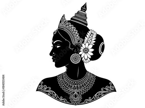 A black and white silhouette of a woman adorned with traditional Indian jewelry and a headdress, facing left.