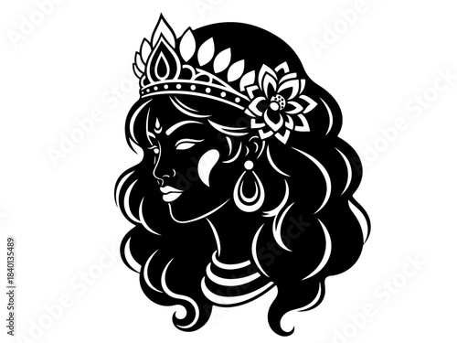 A striking black and white illustration of a regal woman adorned with a crown and flower.