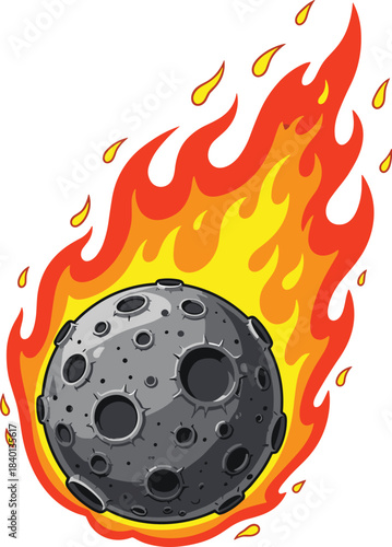 Cartoon meteor with fiery tail streaking across white background Keywords: meteor, comet, space, asteroid, fire, flame, burning