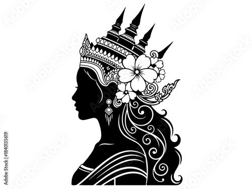 Silhouette of a beautiful woman adorned with an elaborate crown and flowers, showcasing intricate cultural details.
