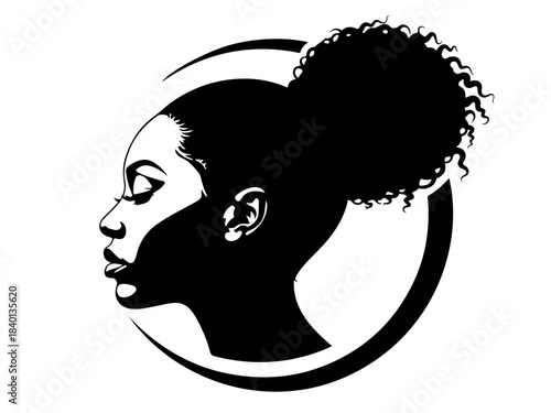 A striking black and white graphic illustration of a woman's profile with her hair in a bun.