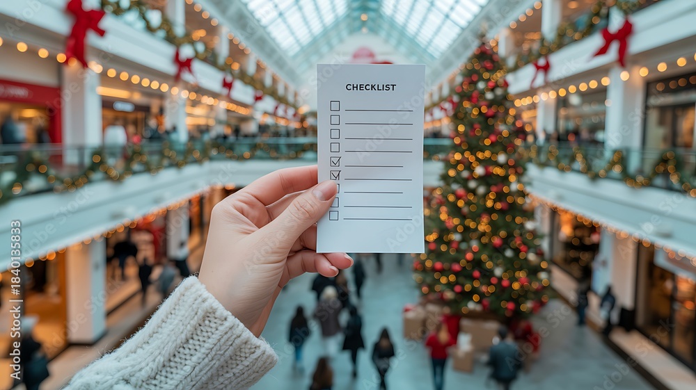 Fototapeta premium A hand holds a checklist with one item checked off, set against a festive shopping mall backdrop adorned with holiday lights and a large Christmas tree