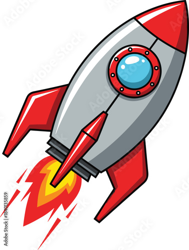 Cartoon Rocket Ship Launching With Fiery Exhaust Trails Keywords: rocket, spaceship, space, launch, flying, travel, exploration