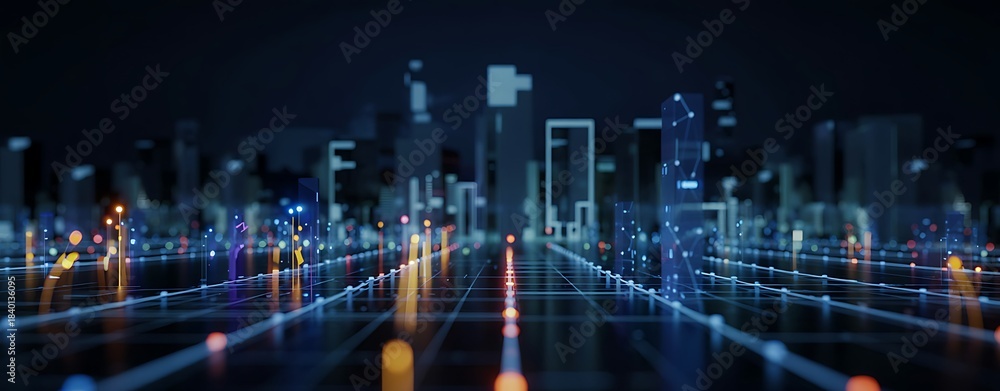 Obraz premium Smart city with glowing lines and digital connections forming a futuristic urban landscape at night representing advanced infrastructure and communication