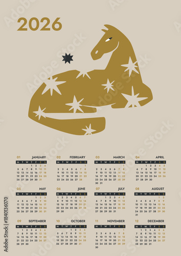 Wall calendar A3 week starts Monday golden Horse in folk style. Year of the horse vector template