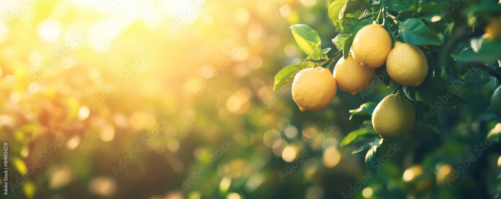 Fototapeta premium Fresh Lemons on Tree with Sunlit Background
