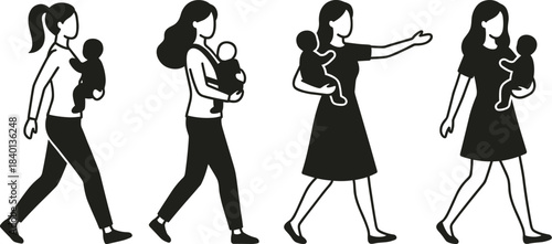 Mother walking with baby, caregiving illustration, parenting vector, woman holding infant, motherhood concept, black and white design, family iconMother walking with baby 