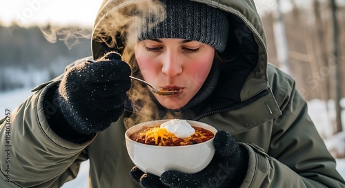 Woman enjoys a steaming bowl of hearty chili outdoors on a cold winter day