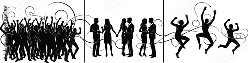 Party crowd silhouettes celebrating nightlife, dancing people, social gathering concept, festive energy, music festival atmosphere, joyful human figures illustration, design